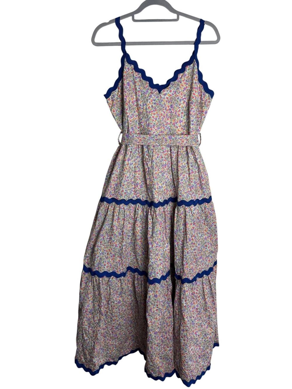 Just Me Floral Embroidered Tiered Midi Dress Scalloped Trim Pockets Womens L